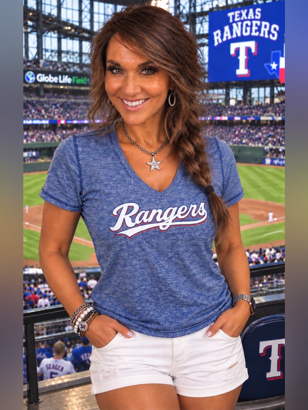 Texas Rangers MLB Women's V-Neck Team Tee in Heathered Blue SZ LG